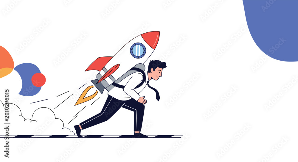 Fototapeta premium Ambitious businessman wearing a white shirt and tie sprinting forward with a powerful rocket strapped to his back.