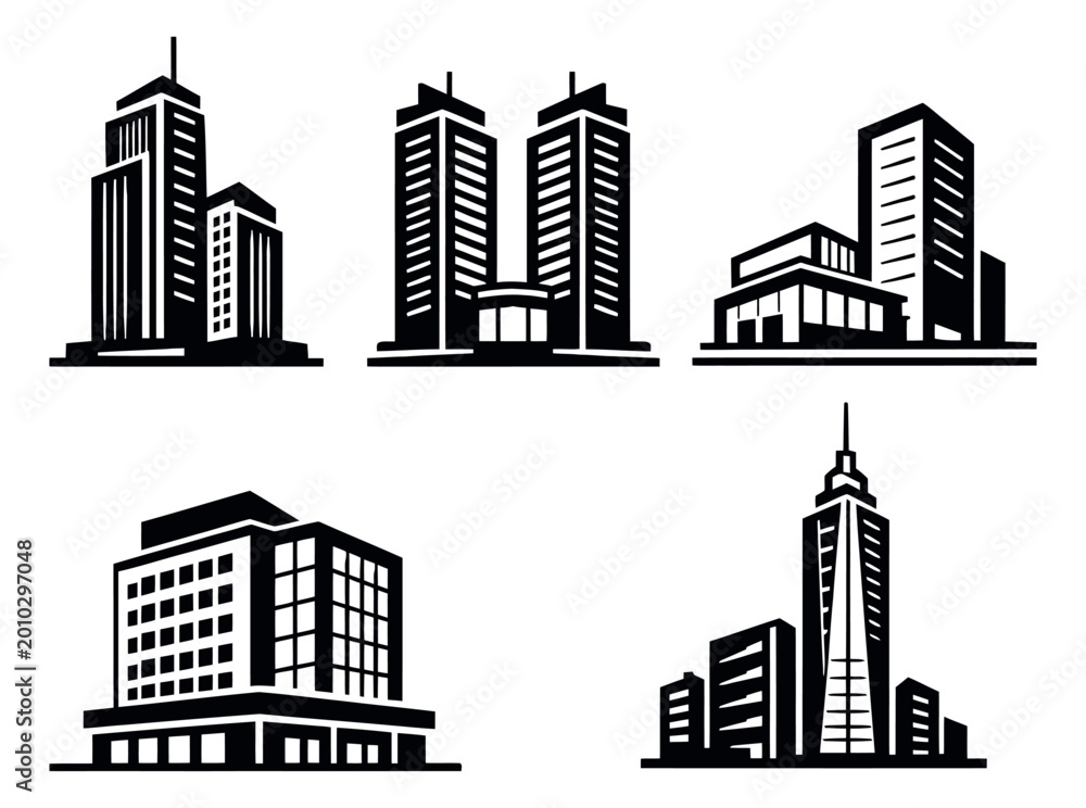 Obraz premium Graphic city buildings set featuring modern architecture for urban development projects