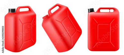 Set of Fuel canister. Gasoline or petrol canister, isolated on white. Concept of automobile oil gallon, natural energy tube. Red Gas Can Fuel Storage icon . Realistic 3d vector illustration