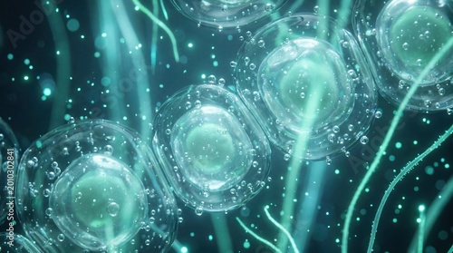 Bioluminescent deep-sea marine algae extract rejuvenating skin cells with glowing cyan and mint green particles in 3D illustration