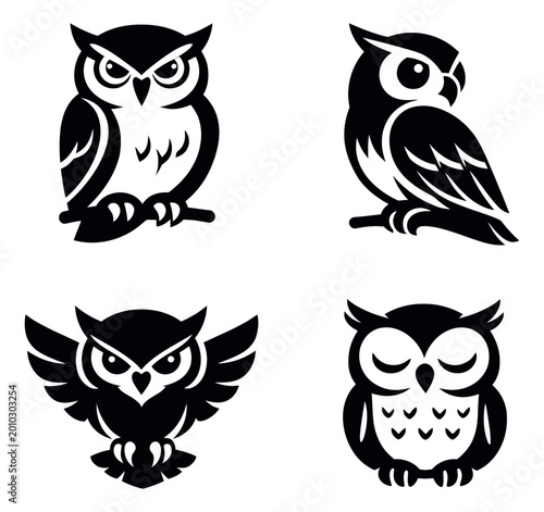 Graphic owl illustration set featuring owls in various poses for designs and educational projects