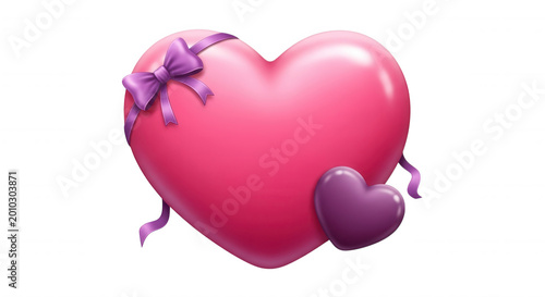 Large glossy pink heart with a purple ribbon bow and a smaller dark purple heart isolated on a black background