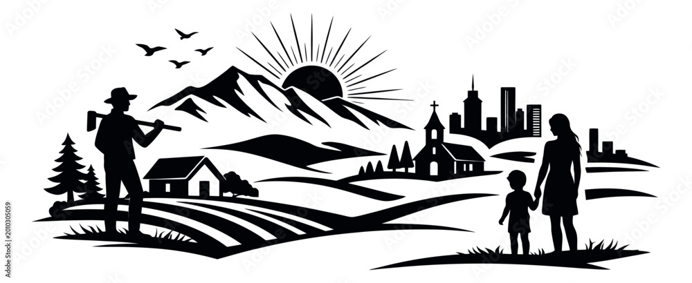 Naklejka premium Graphic illustration of a landscape depicting rural and urban life for community concepts