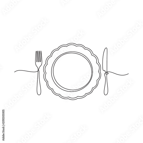 Minimalist line drawing depicts a plate fork and knife suggesting a dining setting or restaurant concept