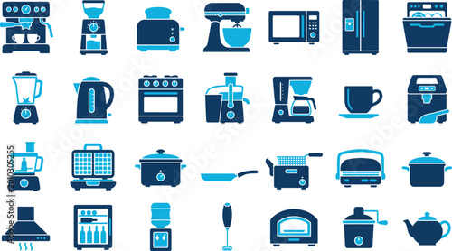 Bild auf Leinwand Modern kitchen appliances icon set, 28 blue household electronics vector symbols