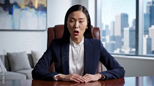 Professional Asian Businesswoman In Navy Blazer Speaking During Video Call In Modern City Office With Urban Skyscraper View