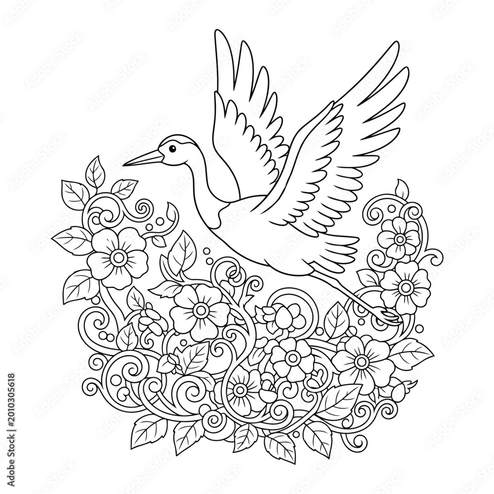 Fototapeta premium Bird illustration of a flying crane with floral elements and ornamental design coloring page