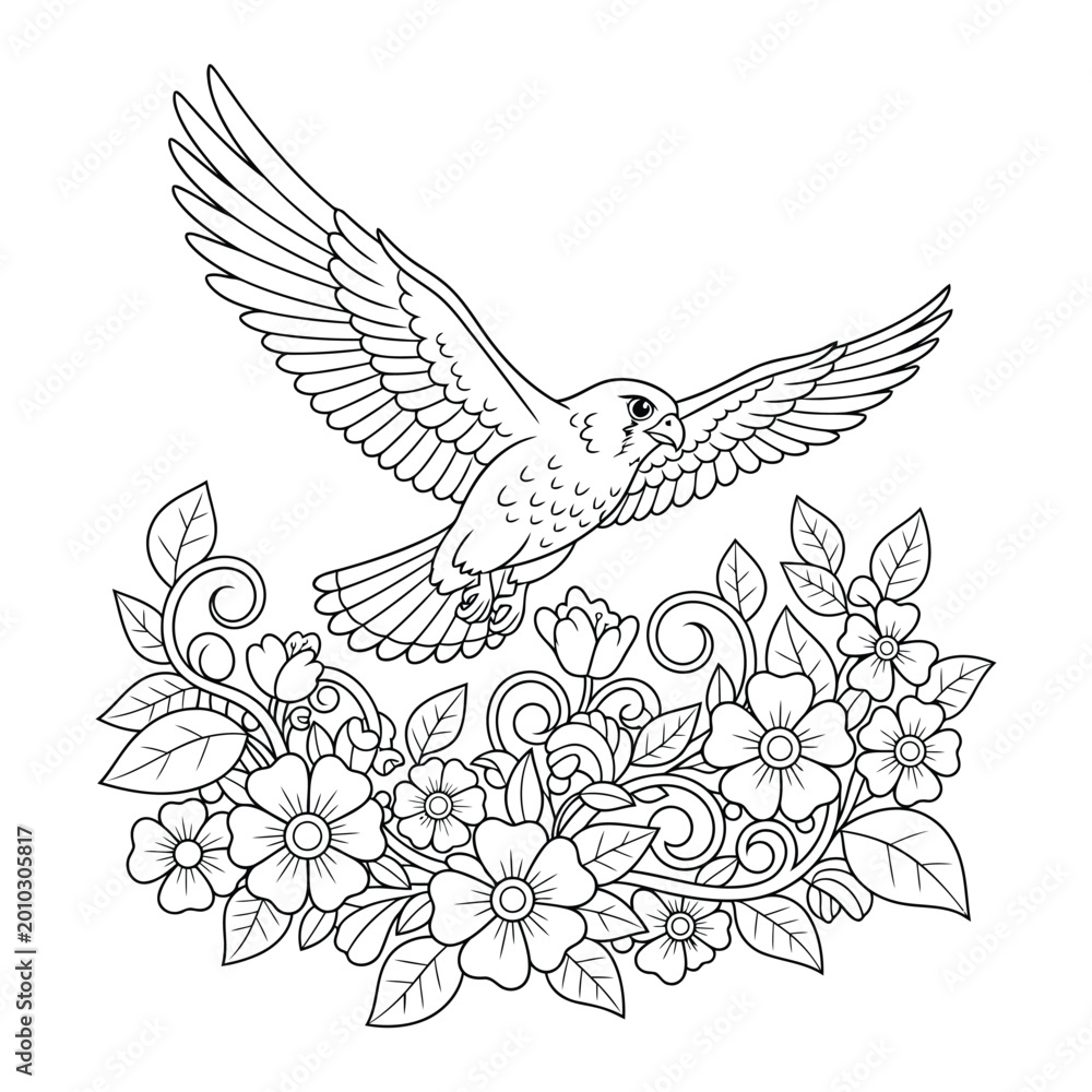 Fototapeta premium Bird illustration flying above floral arrangement in nature themed decorative coloring page design