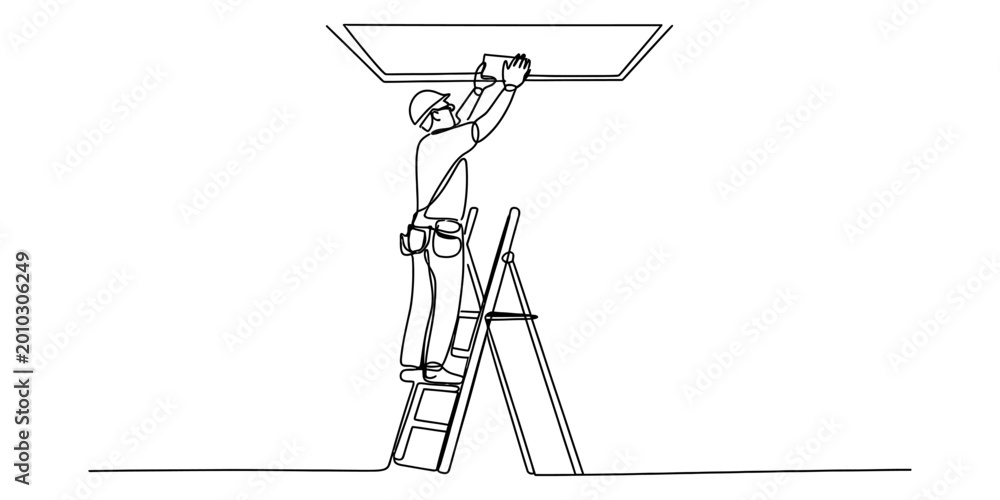 Obraz premium Construction worker standing on a ladder installing a ceiling panel in a continuous line drawing style Vector, illustration