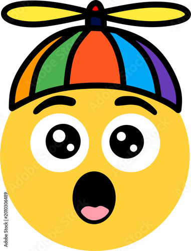 Принти на полотні A cute, wide-eyed surprised emoji wearing a colorful multi-colored propeller bea