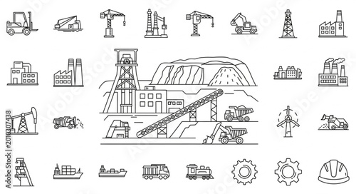 Collection of Industrial Building and Vehicle Icons.
