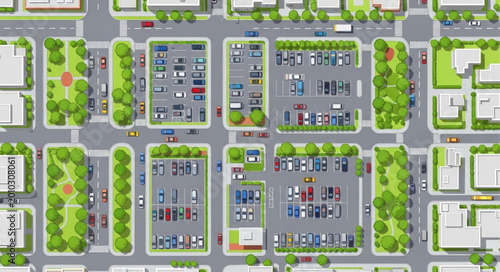 Aerial view of a modern city block with parking lots and buildings.