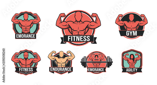 Powerful muscular man flexing biceps in a circular emblem, ideal for gym branding, health supplements, and athletic marketing materials.