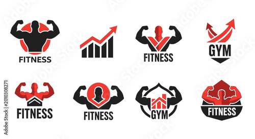 A powerful red stylized muscular torso and biceps combined with a roof icon, ideal for gym branding and health services.