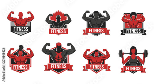 Powerful red female silhouette flexing muscles in a hexagonal frame, perfect for gym branding and motivational health marketing.