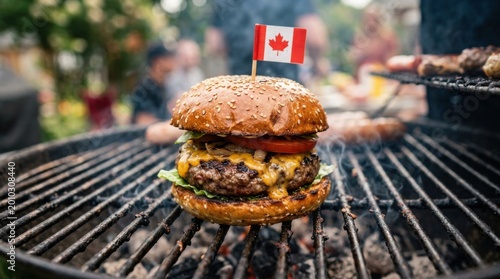 Grilled Burger with Canadian Flag Toothpick on BBQ Grill