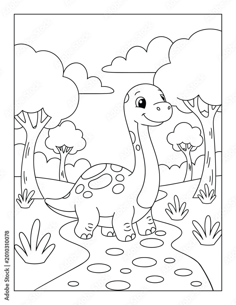 Fototapeta premium Dinosaur cute long neck baby standing on path with trees and clouds coloring page