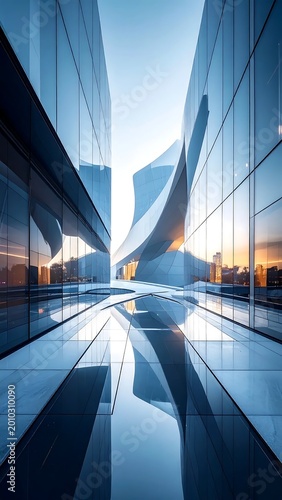 Modern Futuristic Glass Skyscraper Architecture With Sunset Reflections In Blue Building Facades Minimal Corporate Design
