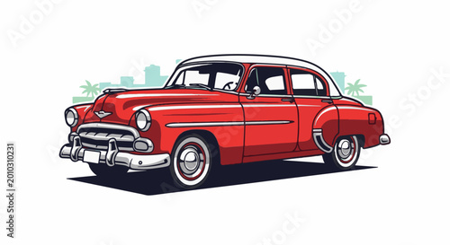 Red vintage sedan with whitewall tires parked near palm trees and city skyline