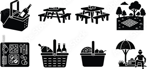 Picnic basket vector illustration set with food table and outdoor park lunch silhouettes.