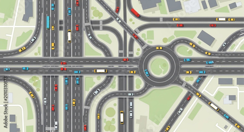Bild auf Leinwand Busy highway intersection with heavy traffic congestion and vehicles