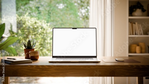 Laptop Blank Screen Mockup on Desk in Bright Modern Home Office - Front View
