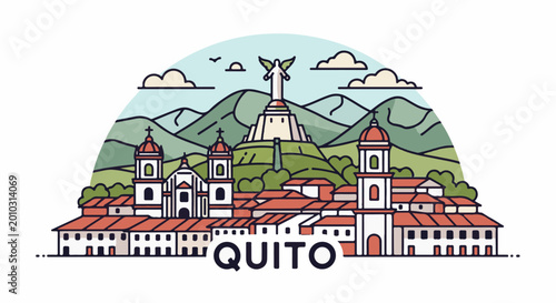 Stylized depiction of a city skyline with churches and a statue on a hill