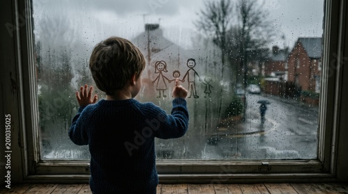 Young Boy Looking Out Window at Rain Drawing on Glass