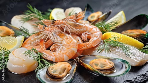 Delicious Seafood Platter with Shrimp Mussels Scallops and Fish.