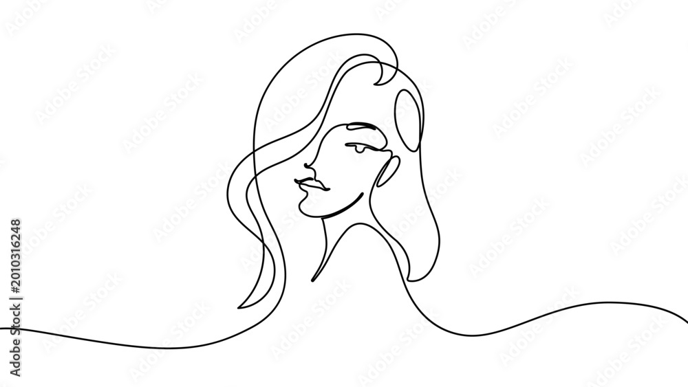 Fototapeta premium Continuous one line woman face art beauty female drawing silhouette abstract. Woman face outline draw head profile hair side minimal vector girl eyes lineart makeup flower lady view model single
