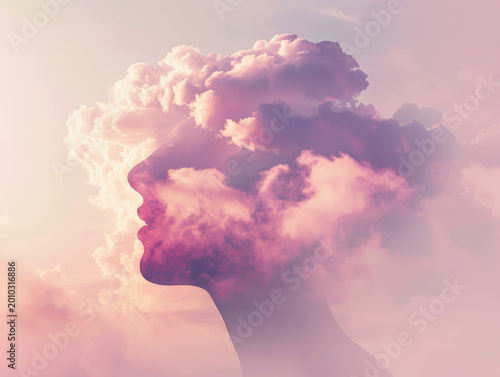 Surreal female profile silhouette blended with pink cloudscape at sunset