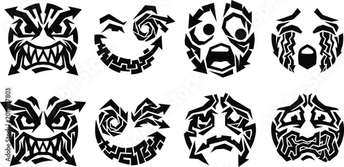 Foto Tribal emoji vector set, collection of angry, sad, and happy facial icons, decor
