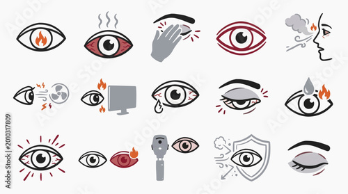 Vector icon set representing eye irritation symptoms, digital eye strain from screens, environmental allergens, medical ophthalmology exams, and protective vision care concepts.