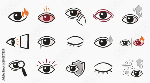 Vector icon set showing human eye conditions including irritation, redness, dryness, tearing, itching, and protective care concepts.