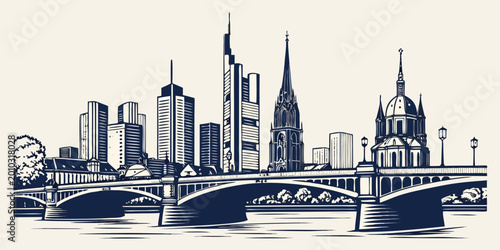 Frankfurt Skyline Silhouette | Commerzbank Tower & Römerberg Vector Wall Art