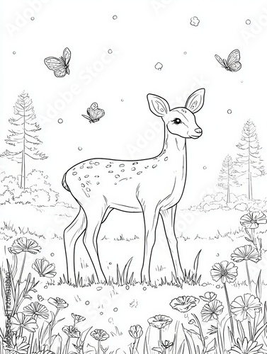 coloring book page with a deer standing in a meadow