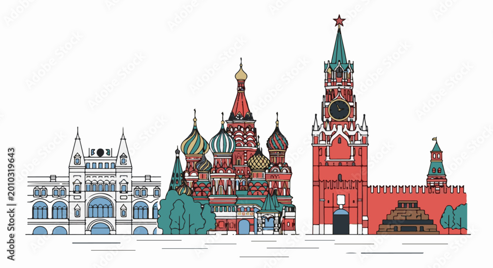 Fototapeta premium Stylized Moscow skyline featuring iconic buildings with domed and tower structures