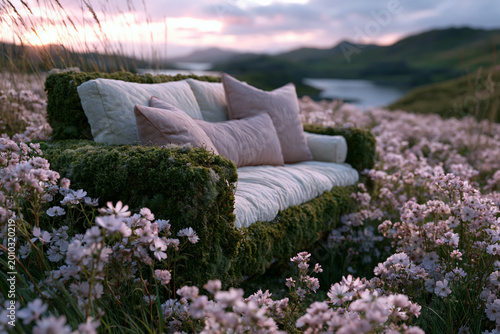 Outdoor Sofa Covered in Green Moss in a Field of Wildflowers at Dawn