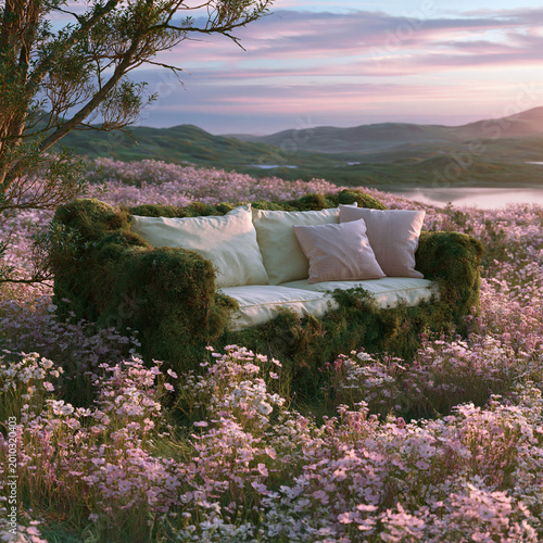 Outdoor Sofa Covered in Green Moss in a Field of Wildflowers at Dawn