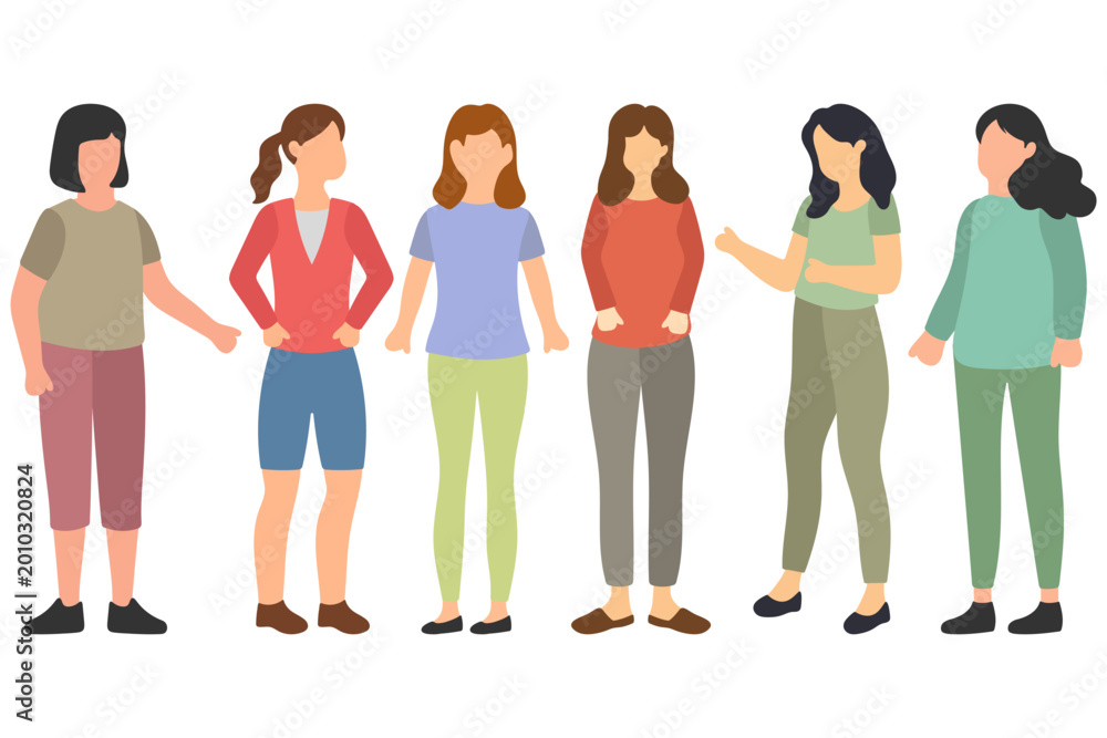 Fototapeta premium Group of Women Standing Together Wearing Casual Clothes Illustration