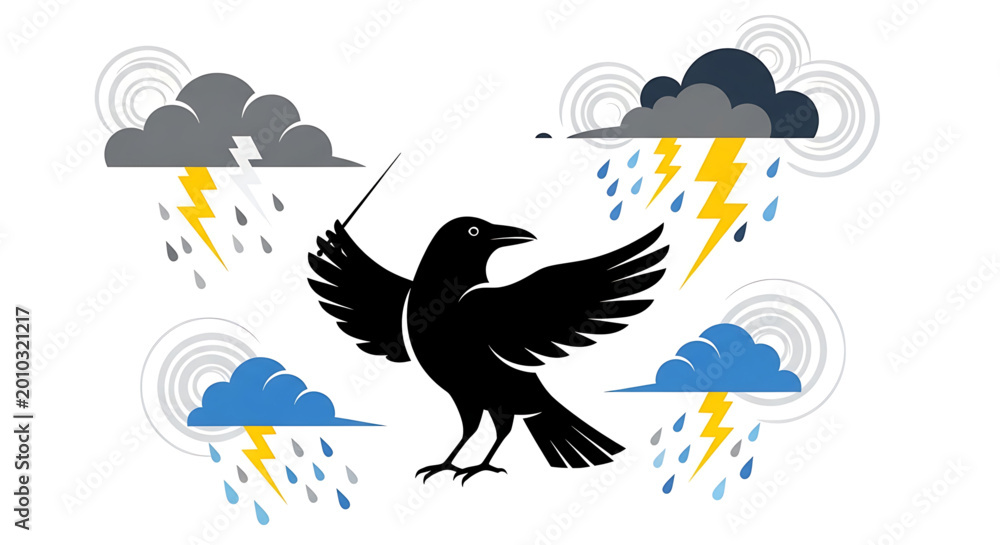 Obraz premium A black raven bird conducting a storm with lightning and rain clouds