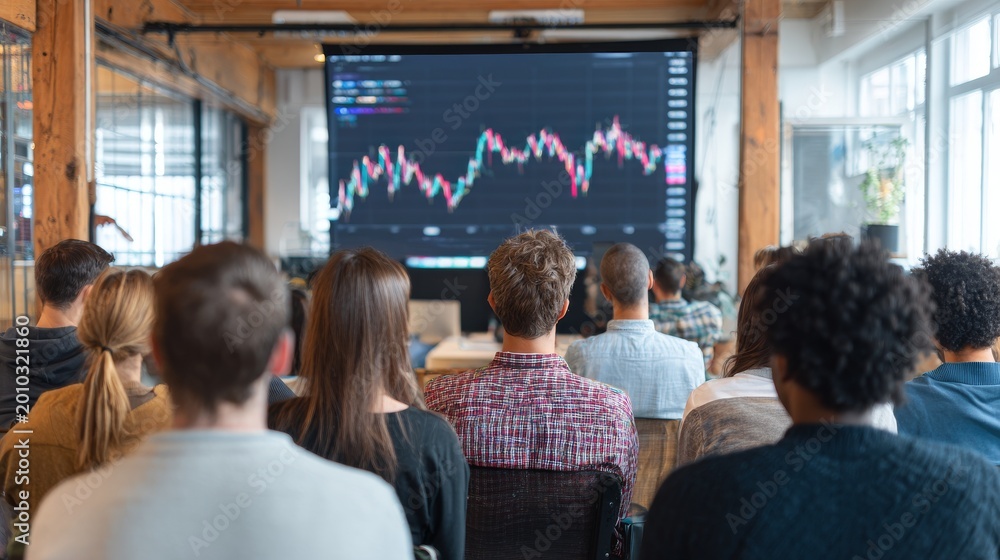 Obraz premium Attendees face a screen displaying financial data during a presentation. Natural light fills the space, with a focus on audience backs