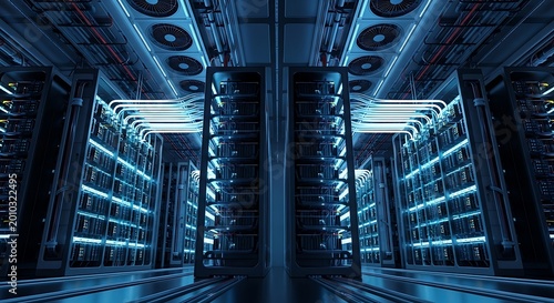 Rows of servers and cooling fans in a data center with blue lighting server room technology computer hardware database information infrastructure electronic