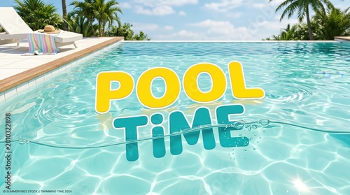 Pool time text in a bright sunny swimming pool with clear blue water, palm trees, and a lounge chair summer vacation and holiday concept