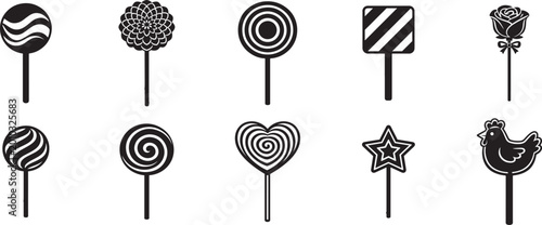 Obraz na plátně Line art lollipop set with hearts swirls and roses kids coloring book page vector illustration