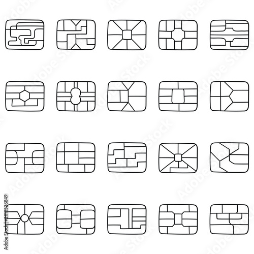 Hand-drawn doodle set of EMV chips on a white background.