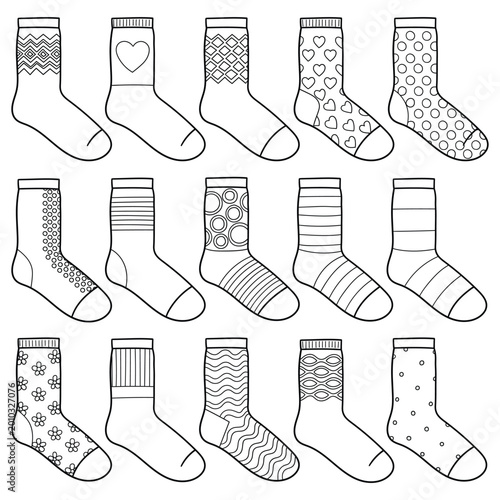 Hand-drawn doodle set of warm socks on a white background.
