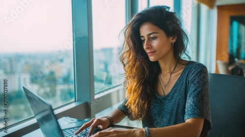 Woman working on laptop cityscape