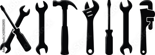 Set of construction and repair tools on transparent background, including wrenches, hammer, and screwdrivers.