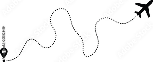Airplane flying on a dotted line path from start point on transparent background.